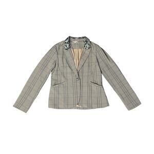 Mystree Glen Check Plaid Cheetah Print Collar Blazer Jacket SZ LG Business Chic